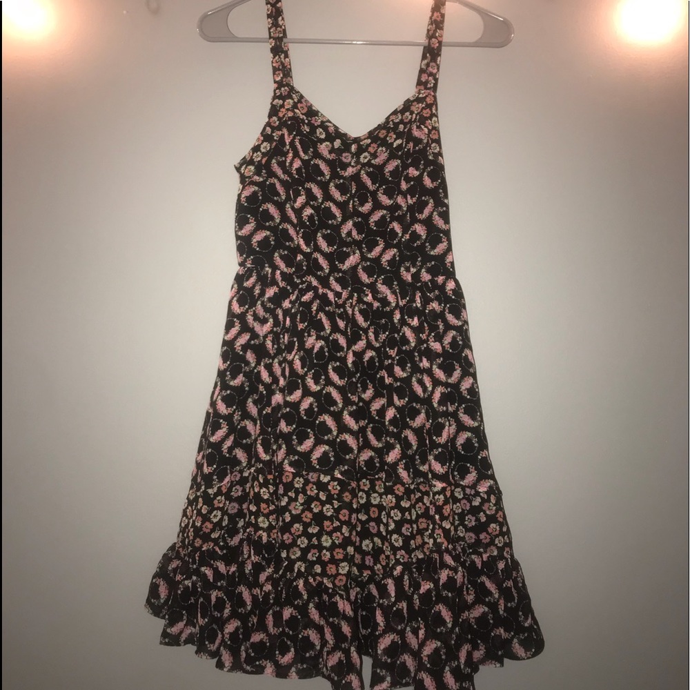 Black with Pink Accent Floral Ruffle Dress